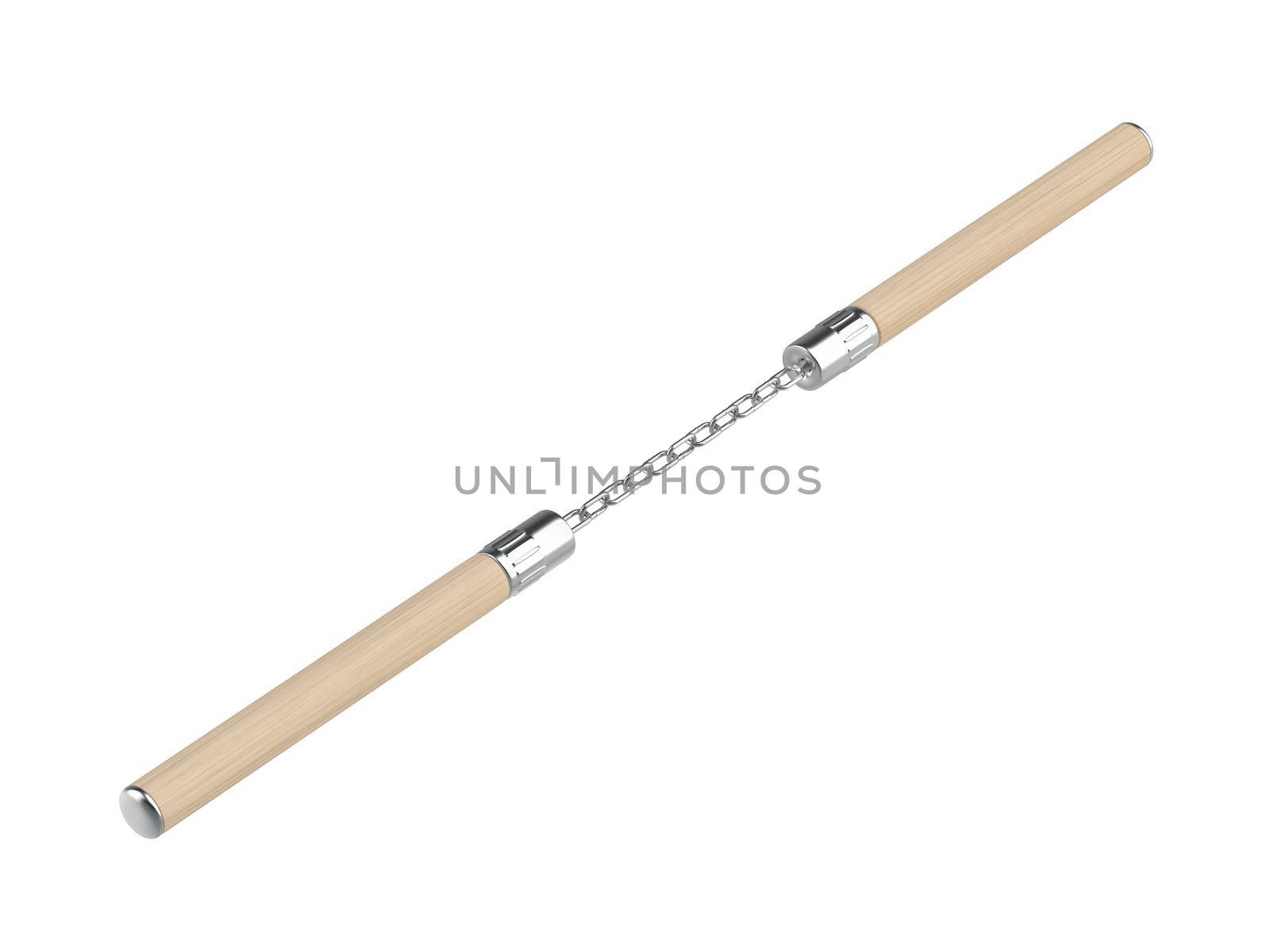 Wooden nunchaku with chain, isolated on white background