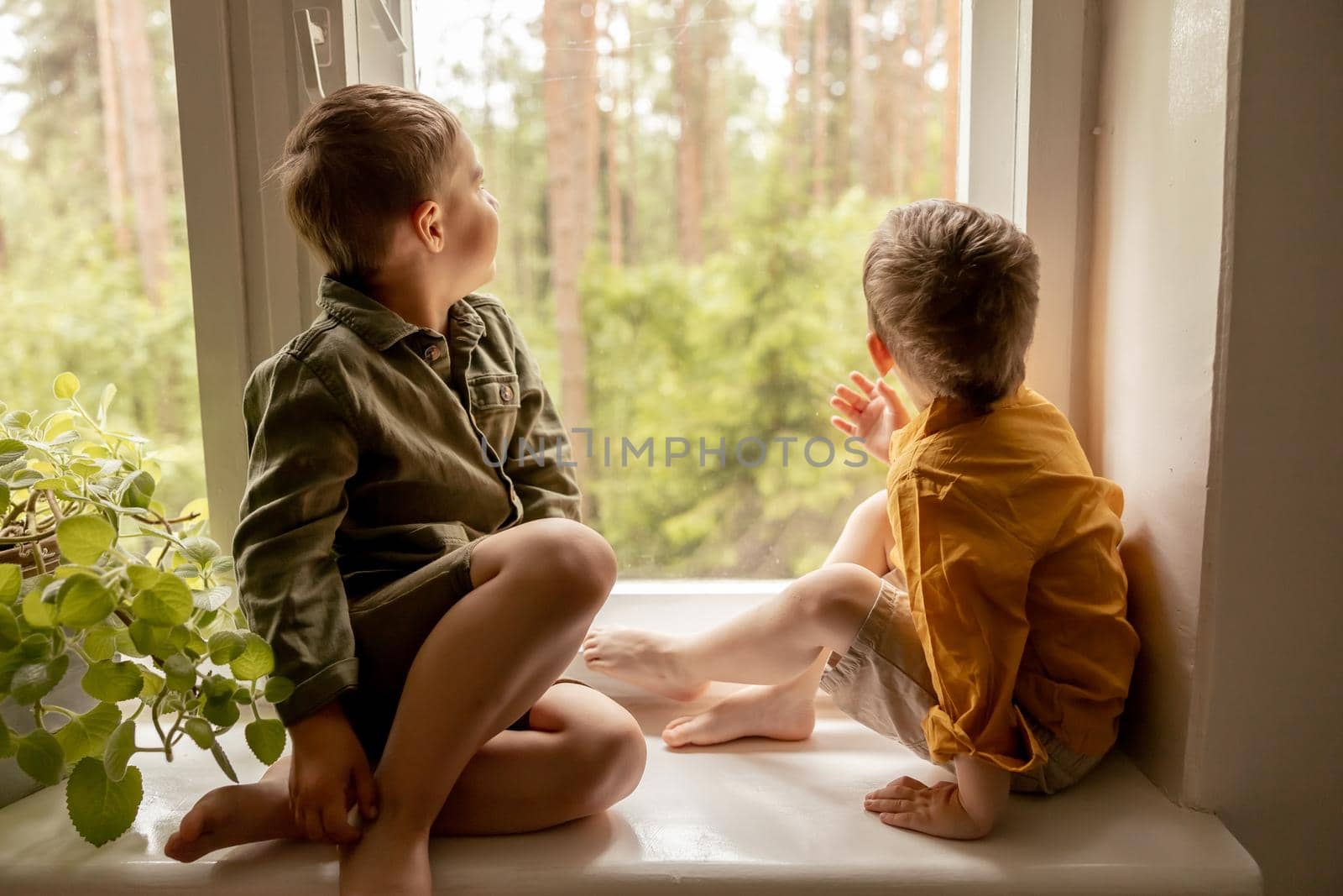 Children sitting on windowsill and waiting for someone comming. Two brothers, friends. Cute preschool kids alone at home. Boys are waiting for their mother or father. Loneliness. Busy parents. by creativebird