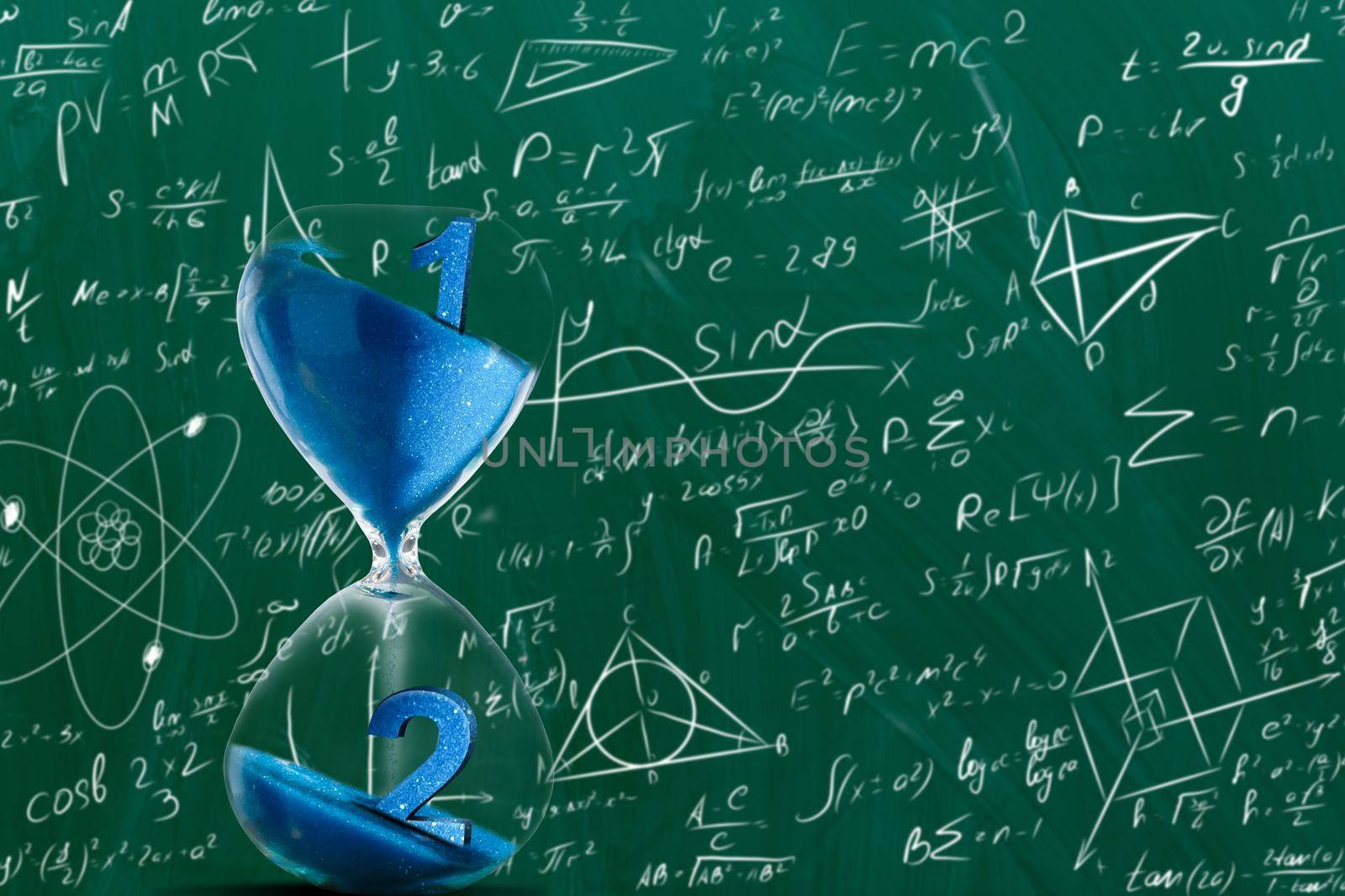 hourglass on the background of formulas.