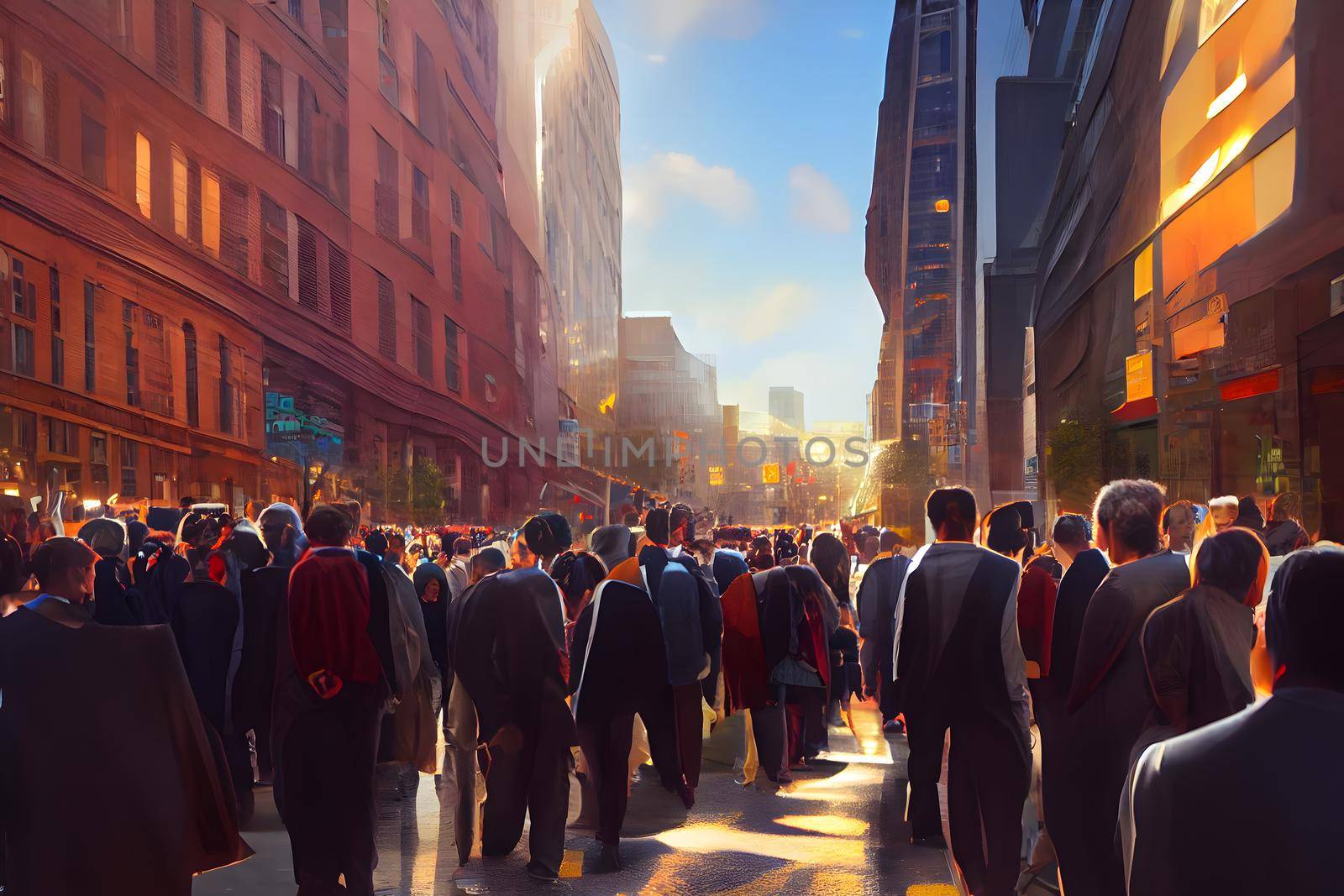 crowd of office suit wearing people walking to work at downtown street, neural network generated art. Digitally generated image. Not based on any actual scene or pattern.
