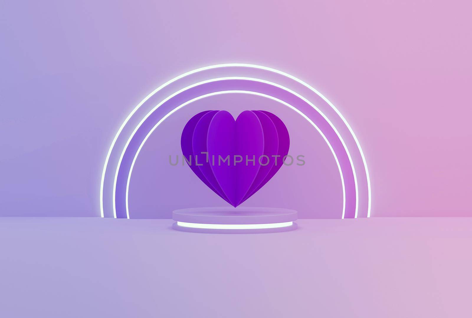 Paper heart on neon platform gradient background. 3D illustration.