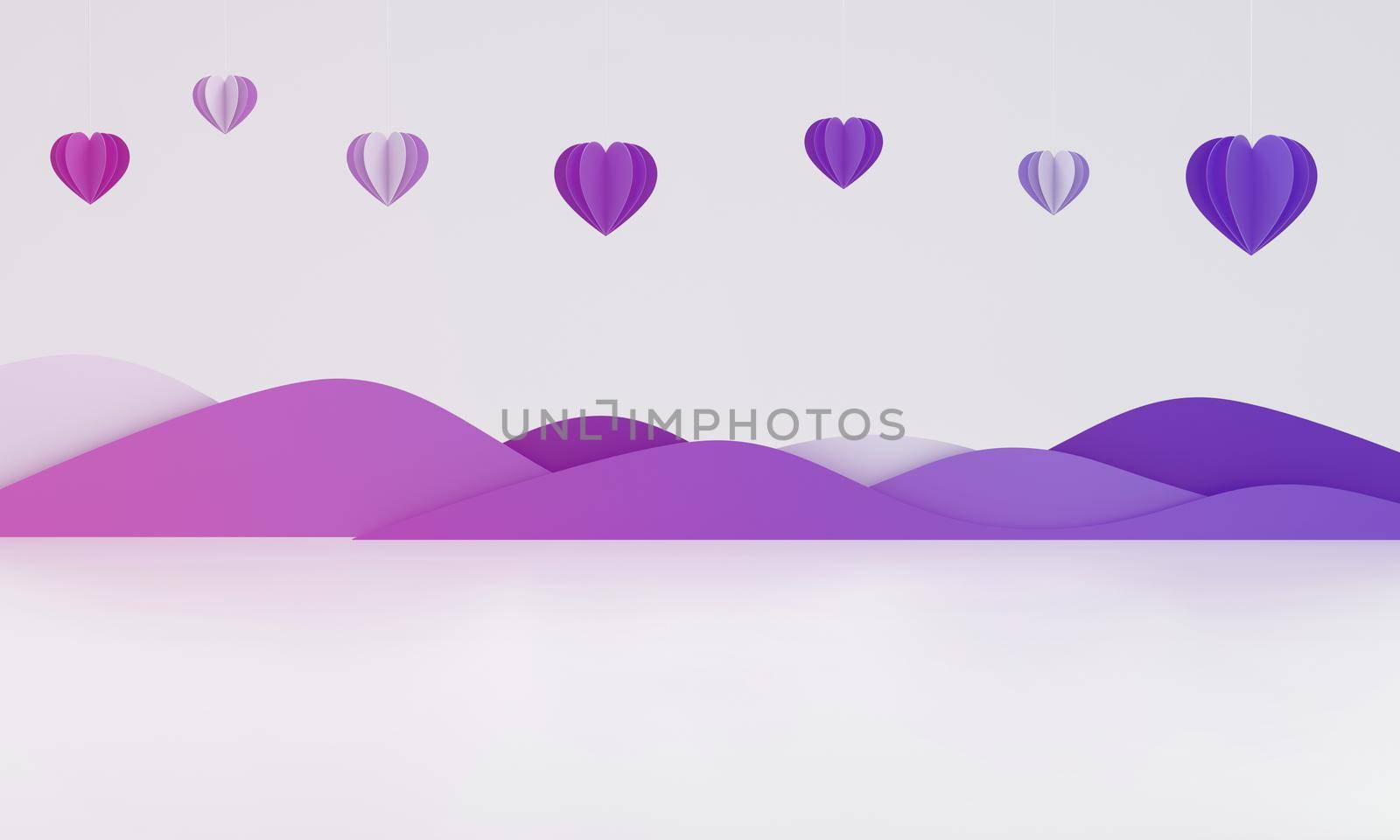 Hanging paper hearts and a theatrical stage of mountains. Gift card or poster. 3D illustration.