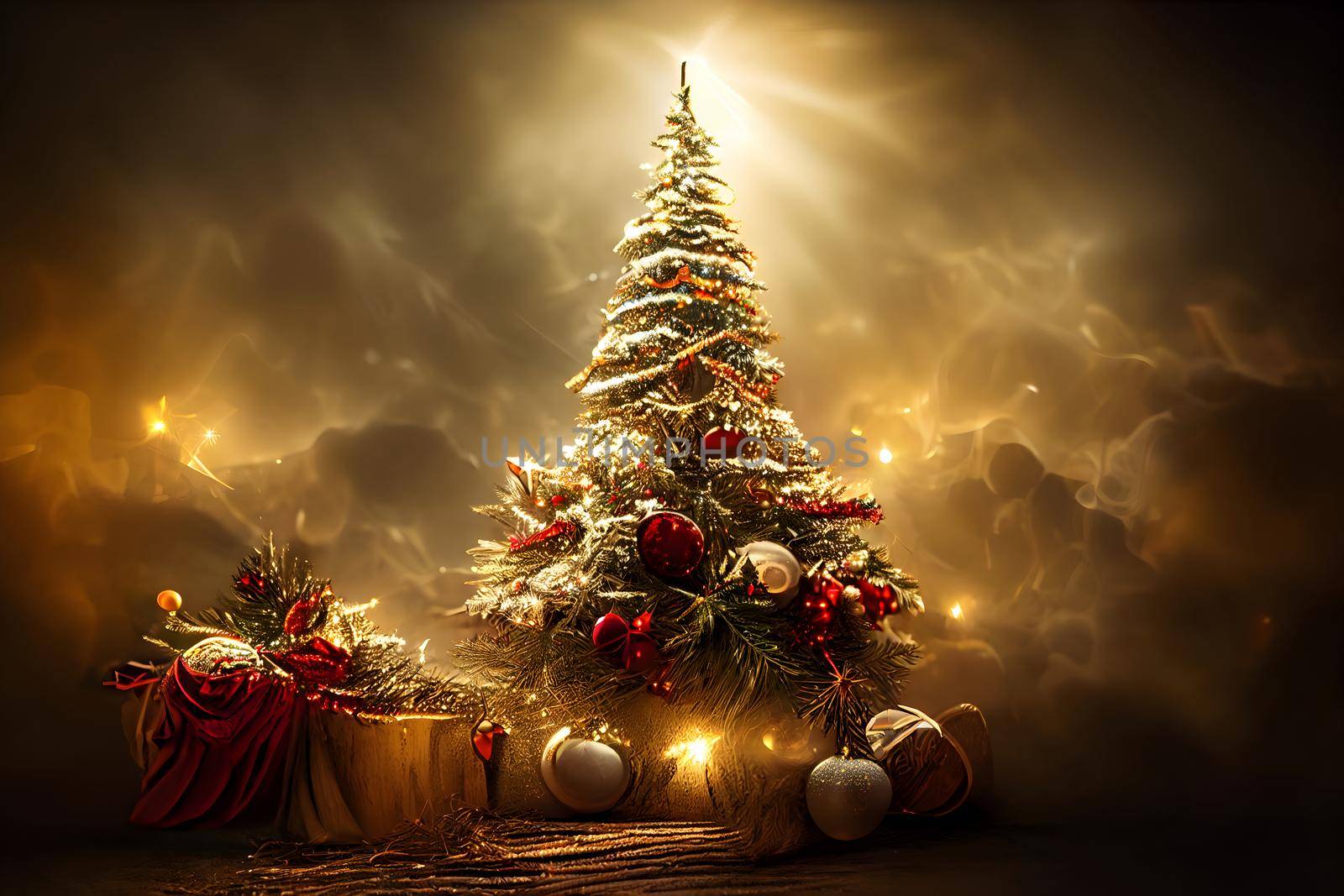 christmas spruce tree on yellow abstract dramatic background, neural network generated art by z1b