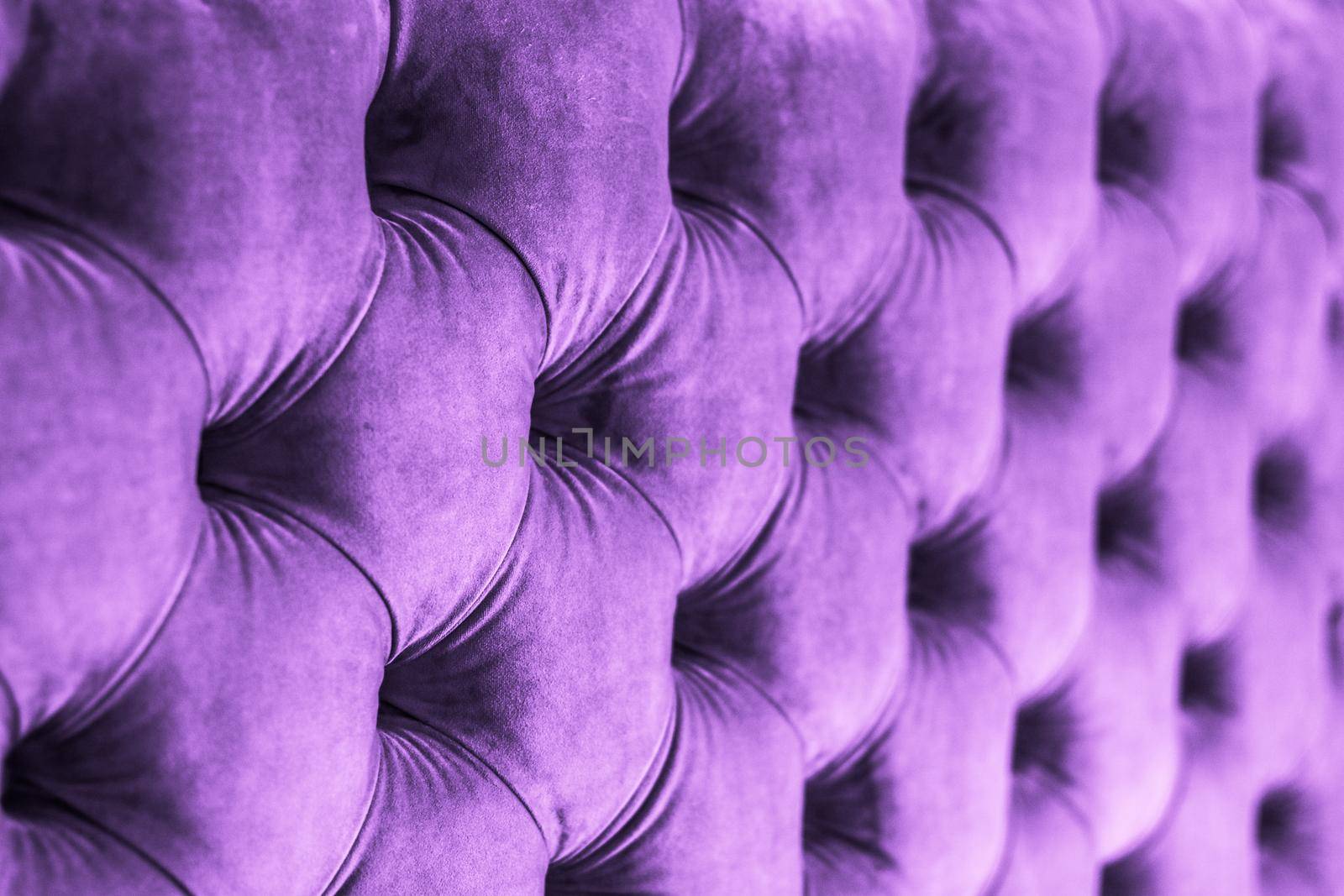 Purple luxury velour quilted sofa upholstery with buttons, elegant home decor texture and background by Anneleven
