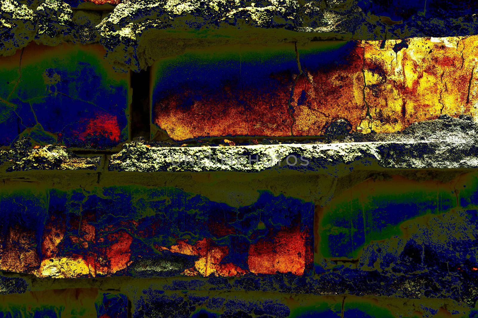 the area or scenery behind the main object of contemplation, especially when perceived as a framework for it. Neon fire orange yellow destroyed gray brick wall