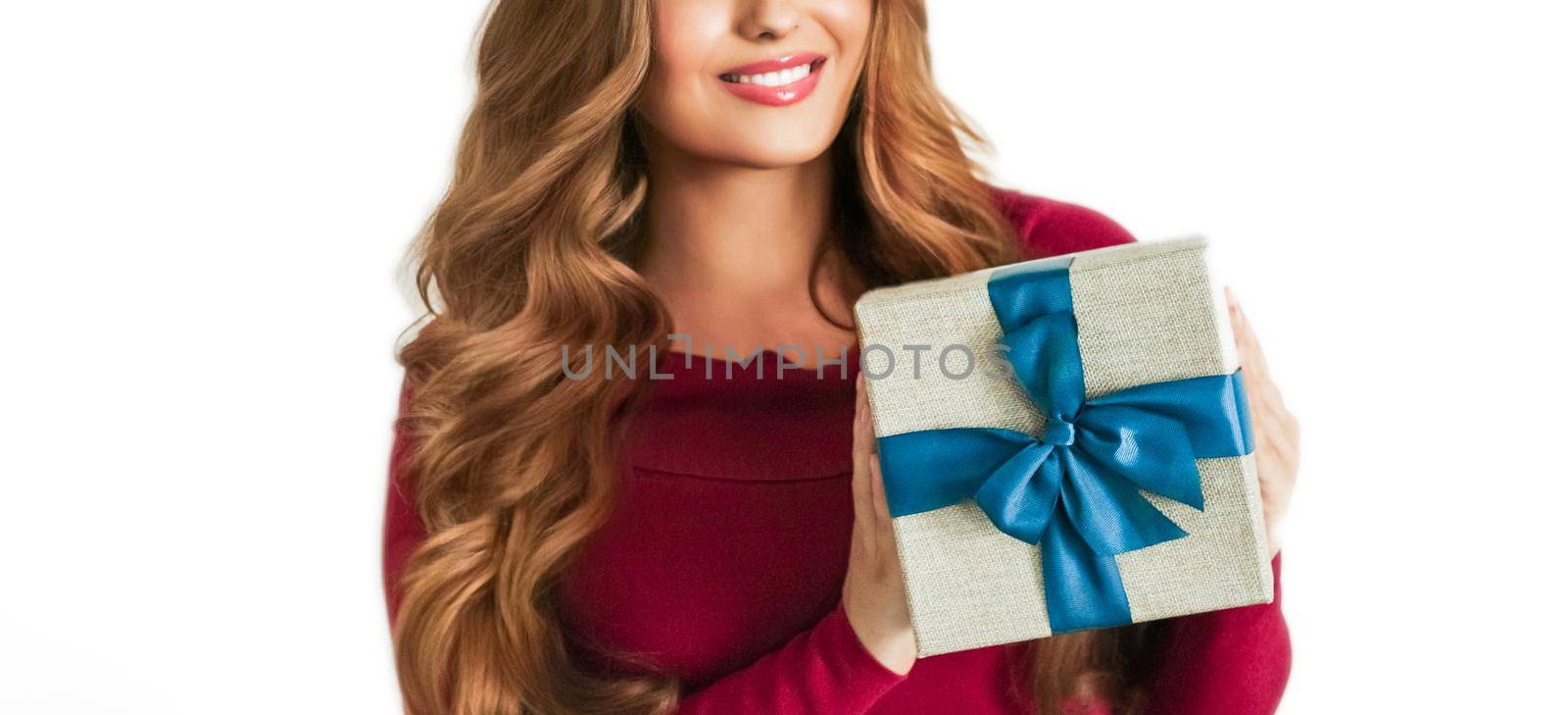 Birthday, Christmas or holiday present, happy woman holding a green gift or luxury beauty box subscription delivery isolated on white background by Anneleven
