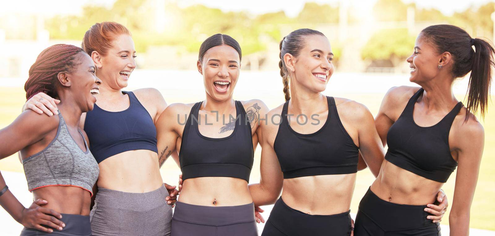 Sports, fitness and exercise with woman friends laughing and joking after a workout or training outdoor. Health, wellness and motivation with a female group getting health and strong together outside by YuriArcurs