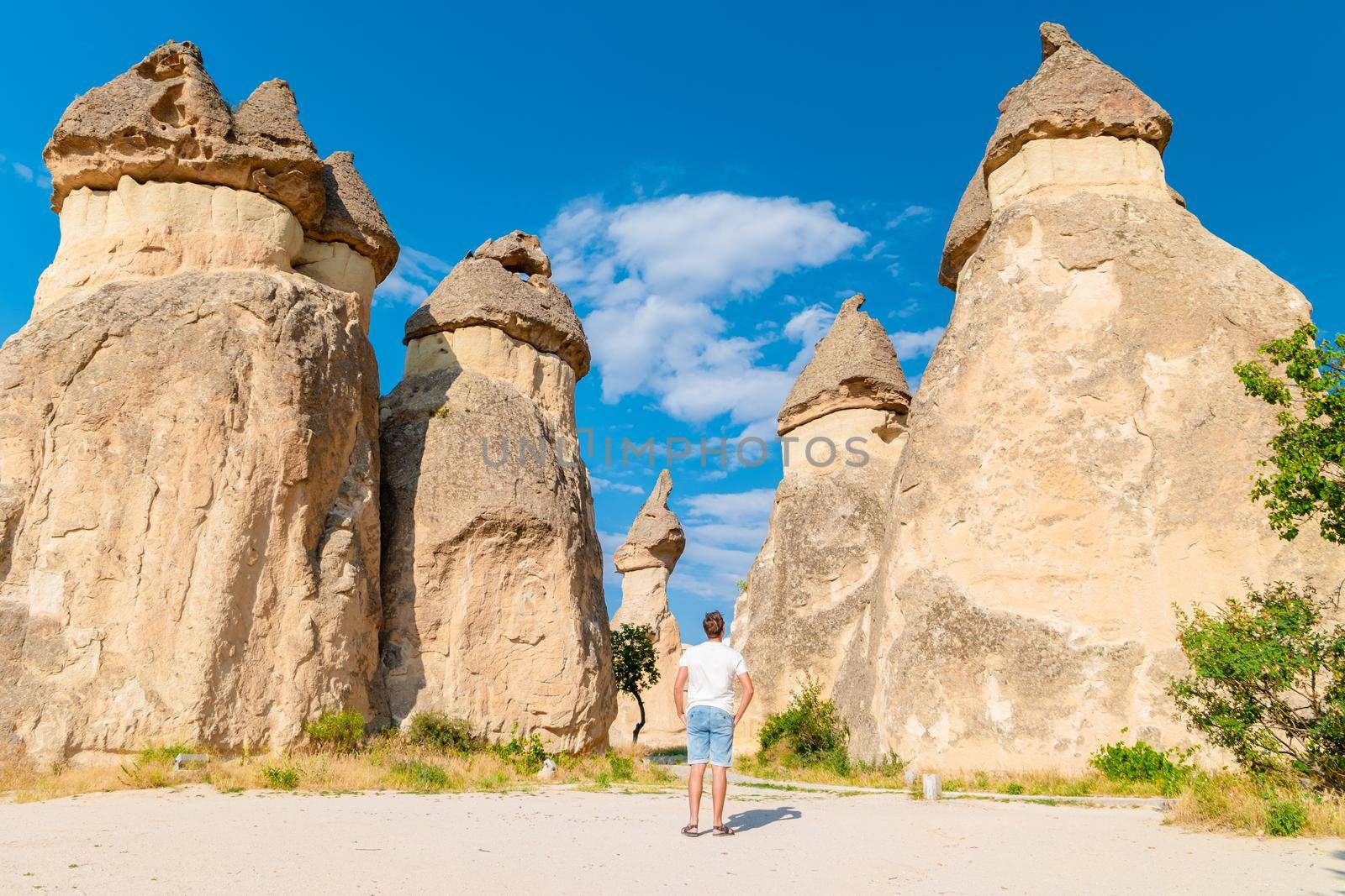 Pasabag Monks Valley happy young menon vacation in Turkey Cappadocia, Rock Formations in Pasabag Monks Valley, Cappadocia, Turkey.