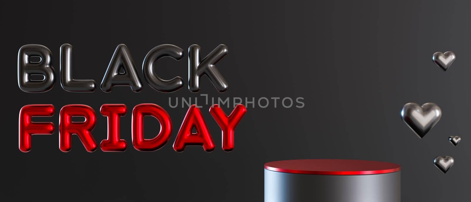 Podium with black flying hearts. Black friday sale. Special offer. Scene for product, cosmetic presentation. Trendy mock up. Pedestal, platform, stage for beauty product. 3D rendering