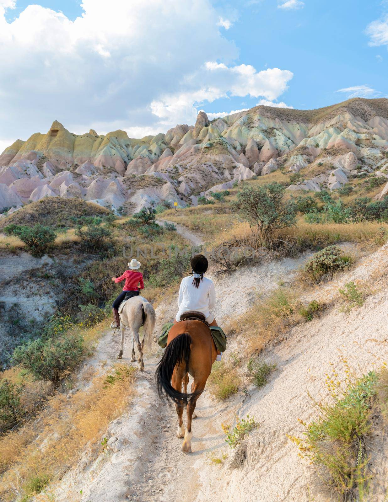 young woman during a vacation in Turkey Kapadokya watching the hot air balloons of Cappadocia. Asian women on the back of a brown horse in the valley of Cappadocia