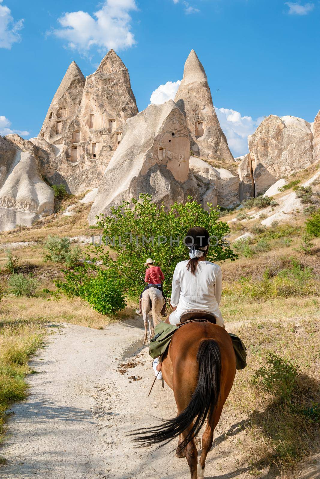 young woman during a vacation in Turkey Kapadokya watching the hot air balloons of Cappadocia. Asian women on the back of a brown horse in the valley of Cappadocia