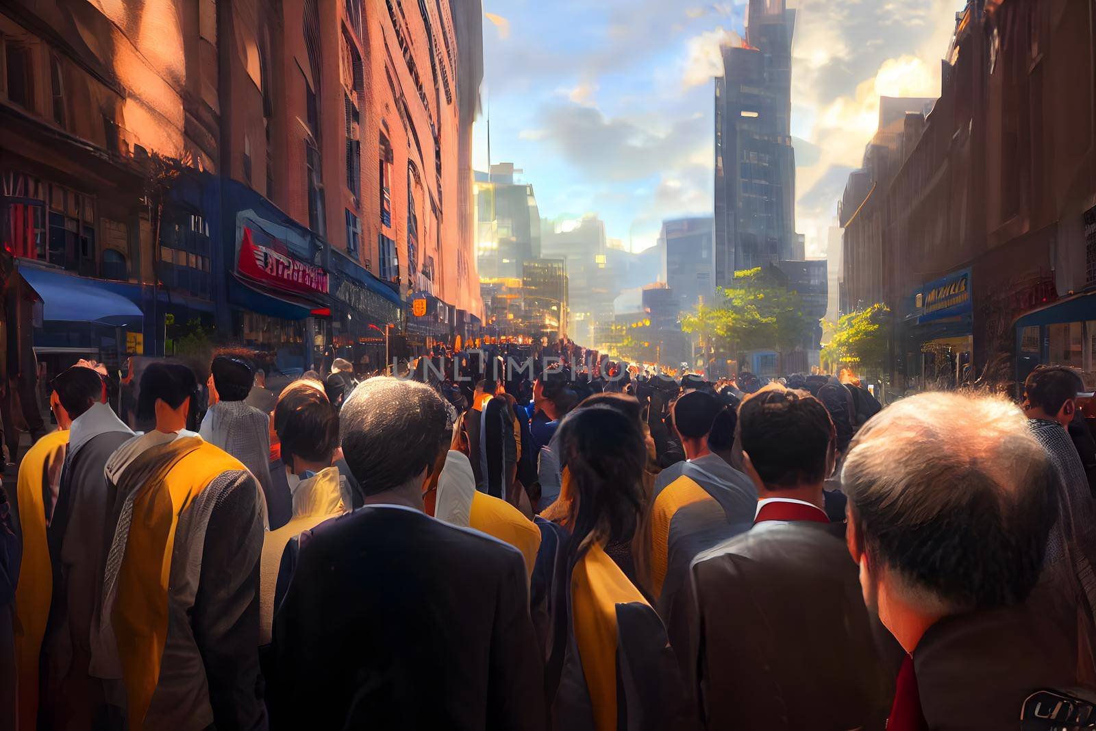 crowd of office suit wearing people walking to work at downtown street, neural network generated art by z1b