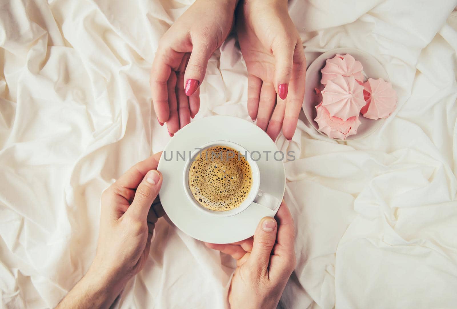 Coffee in bed. Selective focus. Love drink. by yanadjana