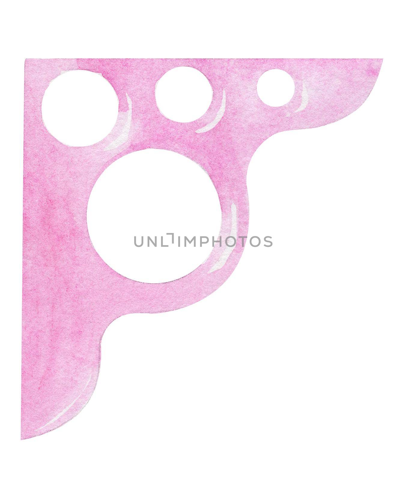 Watercolor pink angle ruler with circles isolated on white background
