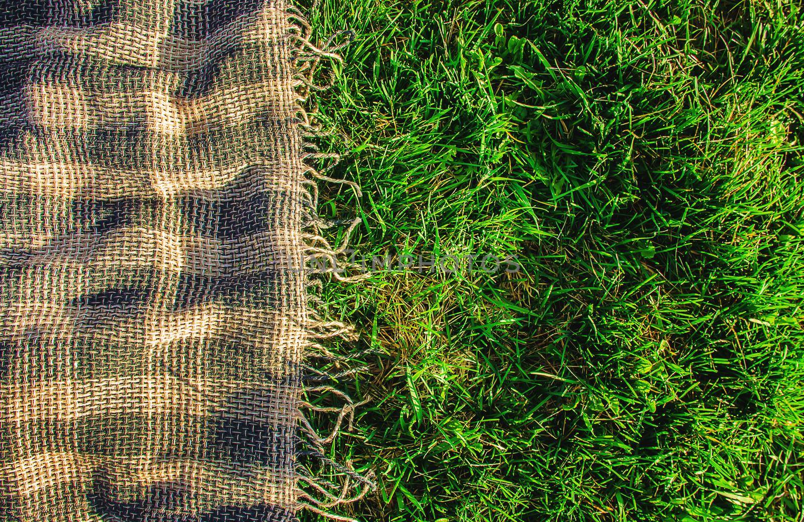 Plaid for a picnic on the grass. Selective focus. by yanadjana