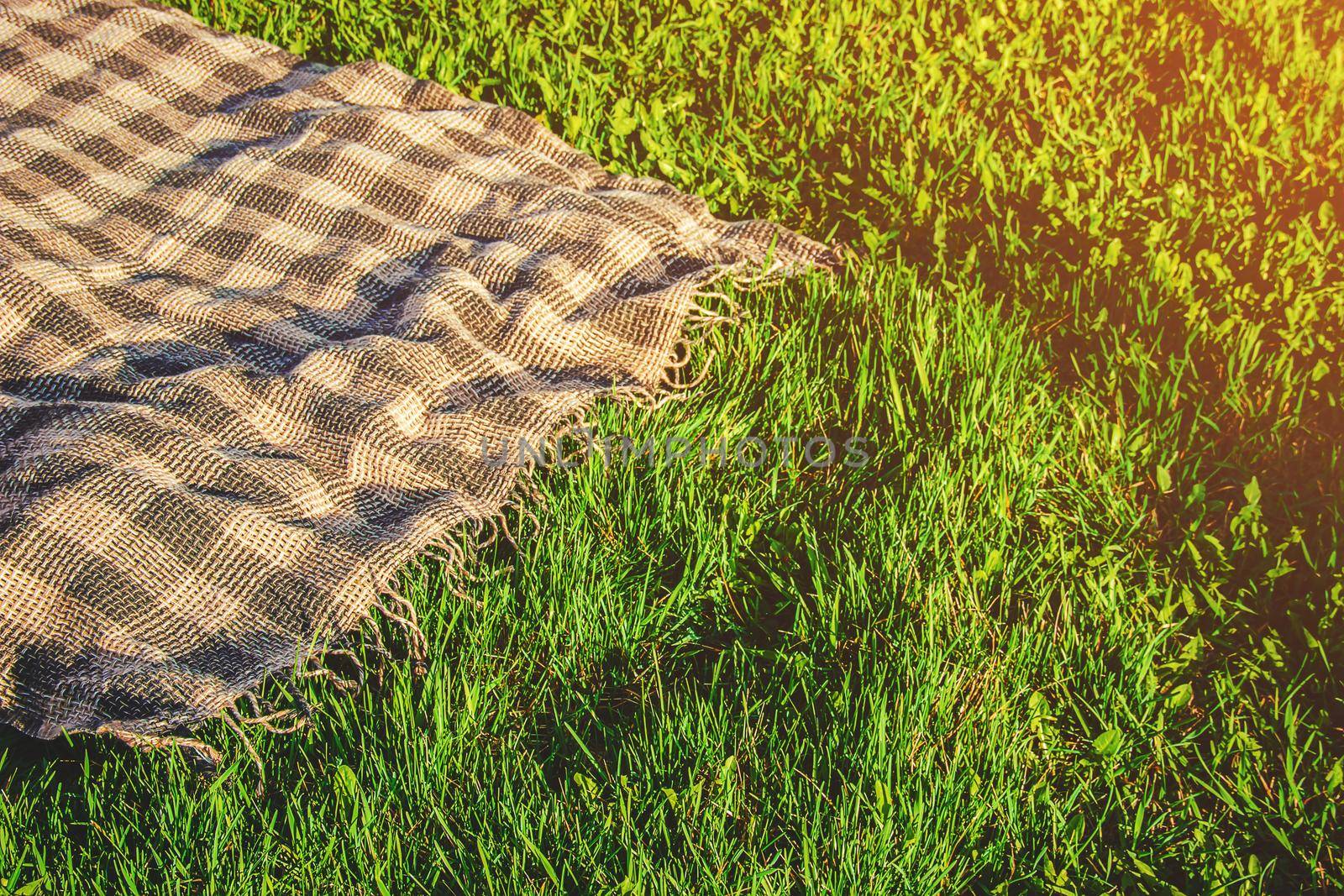 Plaid for a picnic on the grass. Selective focus. by yanadjana