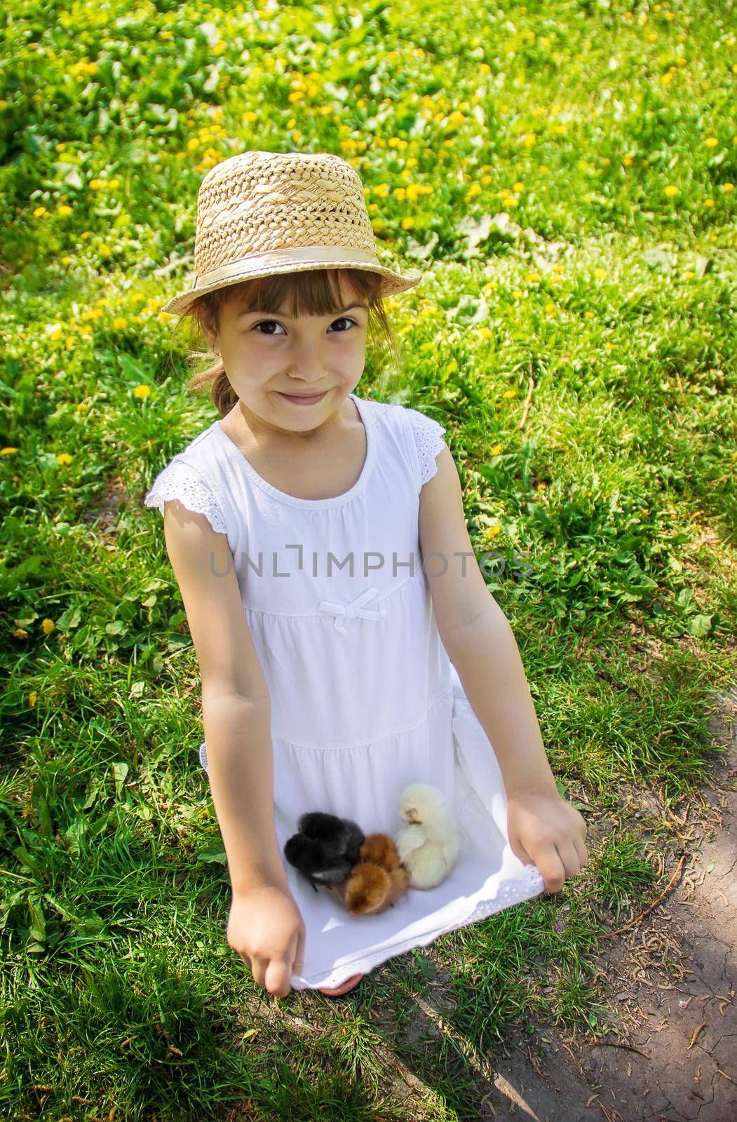 The child holds a chicken in his hands. Selective focus. by yanadjana