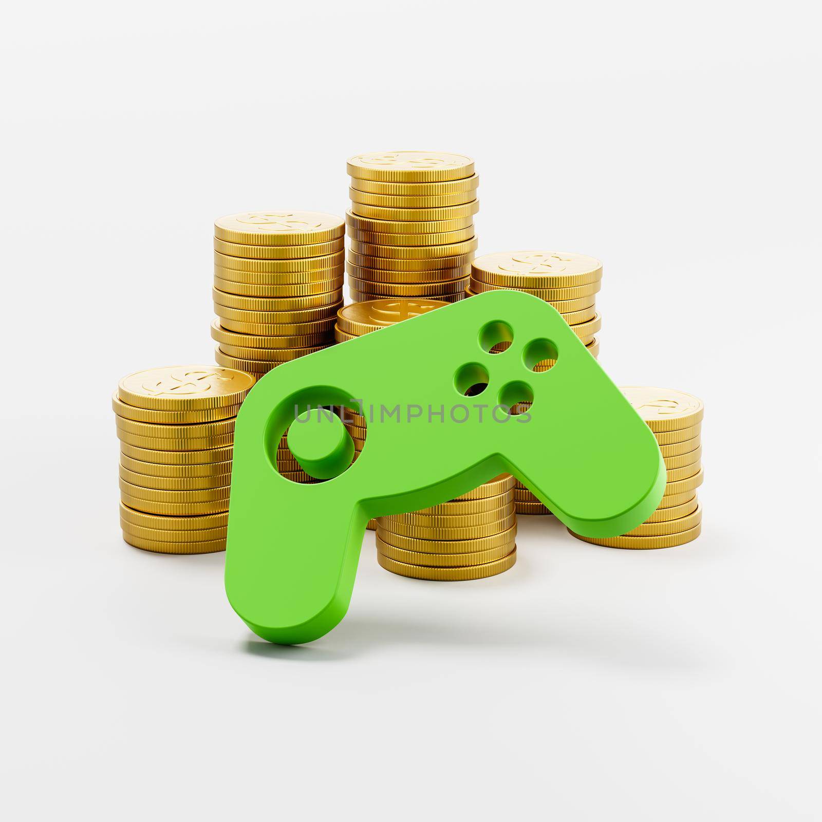 Gamepad Controller ahead of Stacks of Coins on Light Gray Background by make