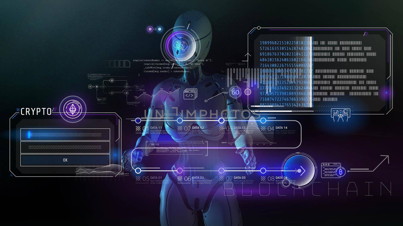 The android is exploring the holographic projection of blockchain and cryptography infographic data set. 3D render.