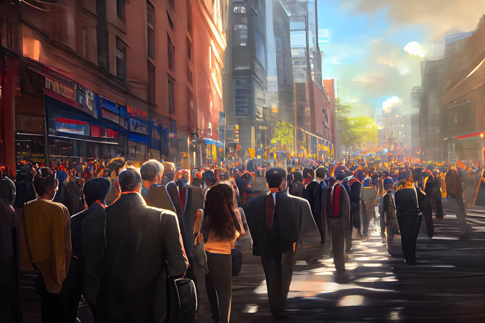 crowd of office suit wearing people walking to work at downtown street, neural network generated art by z1b