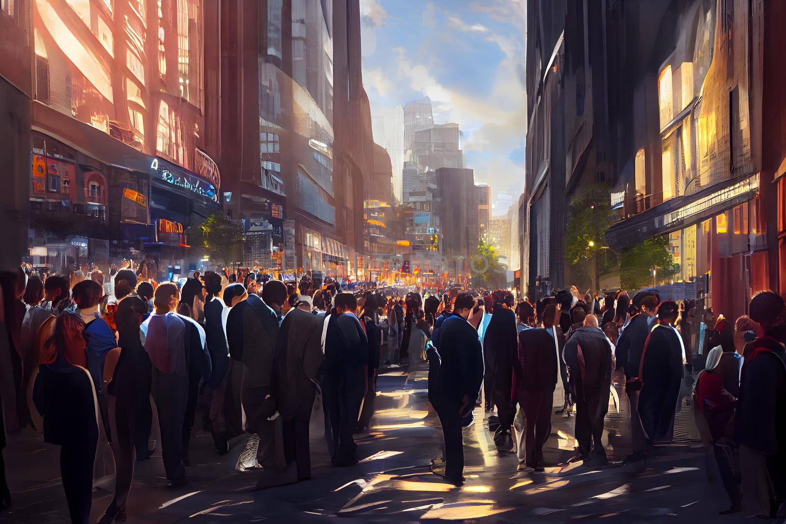 crowd of office suit wearing people walking to work at downtown street, neural network generated art by z1b