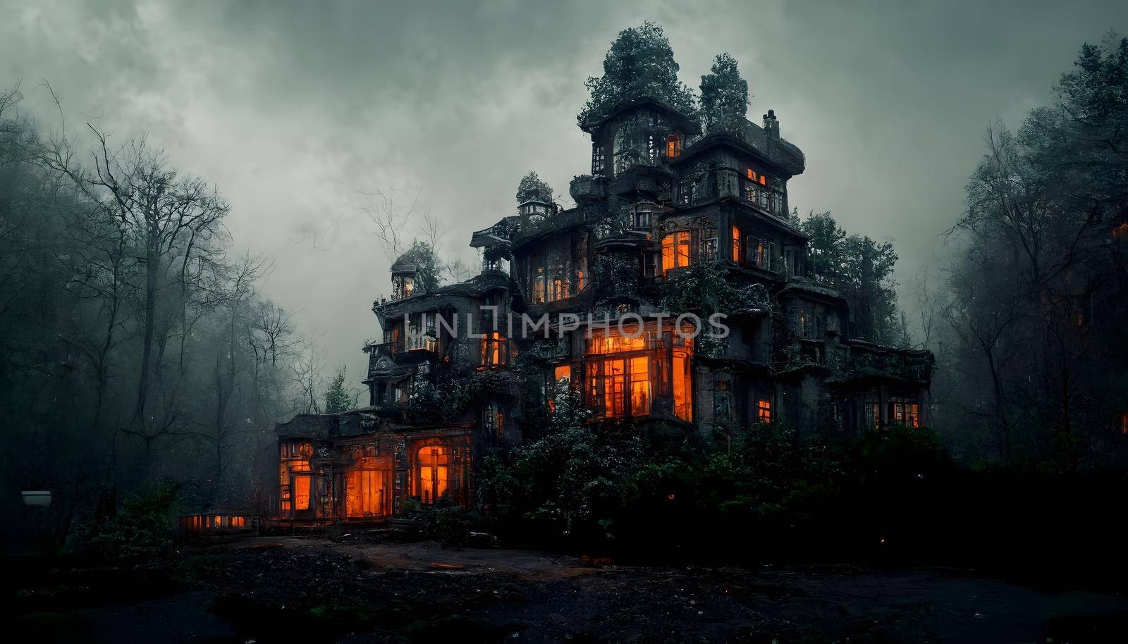 spooky haunted mansion in black leafless forest, neural network generated art. Digitally generated image. Not based on any actual scene or pattern.