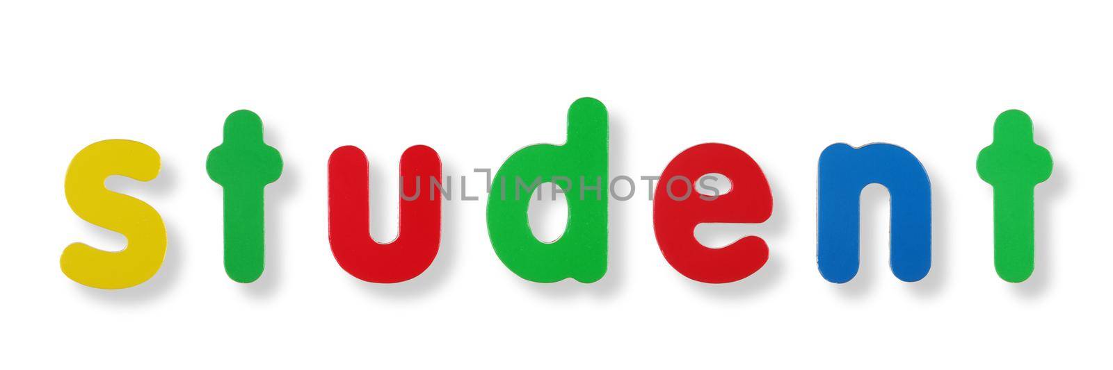 Student coloured magnetic letters on white with clipping path to remove shadow