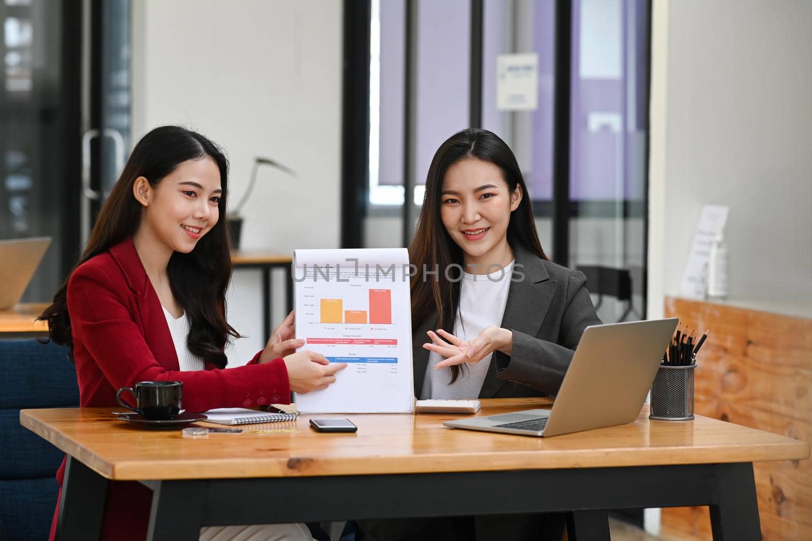 Two businesswoman presenting new strategy during video conference with her business partner.