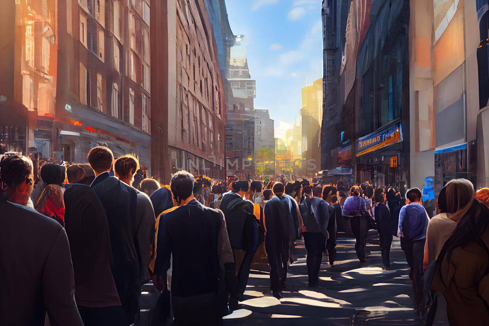 crowd of office suit wearing people walking to work at downtown street, neural network generated art by z1b