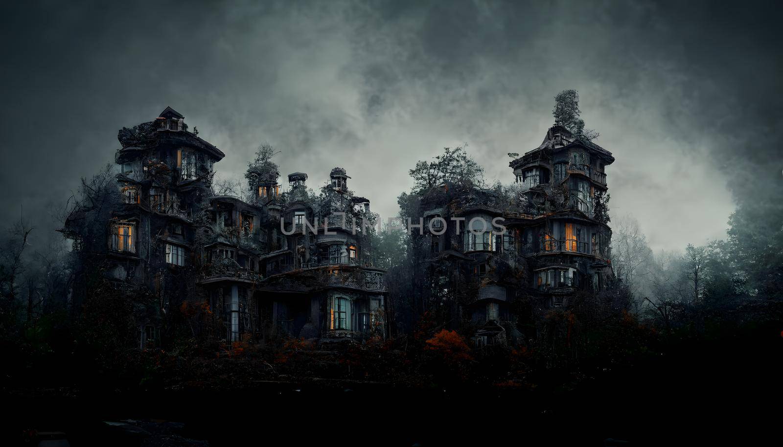 spooky haunted mansion in black leafless forest, neural network generated art by z1b