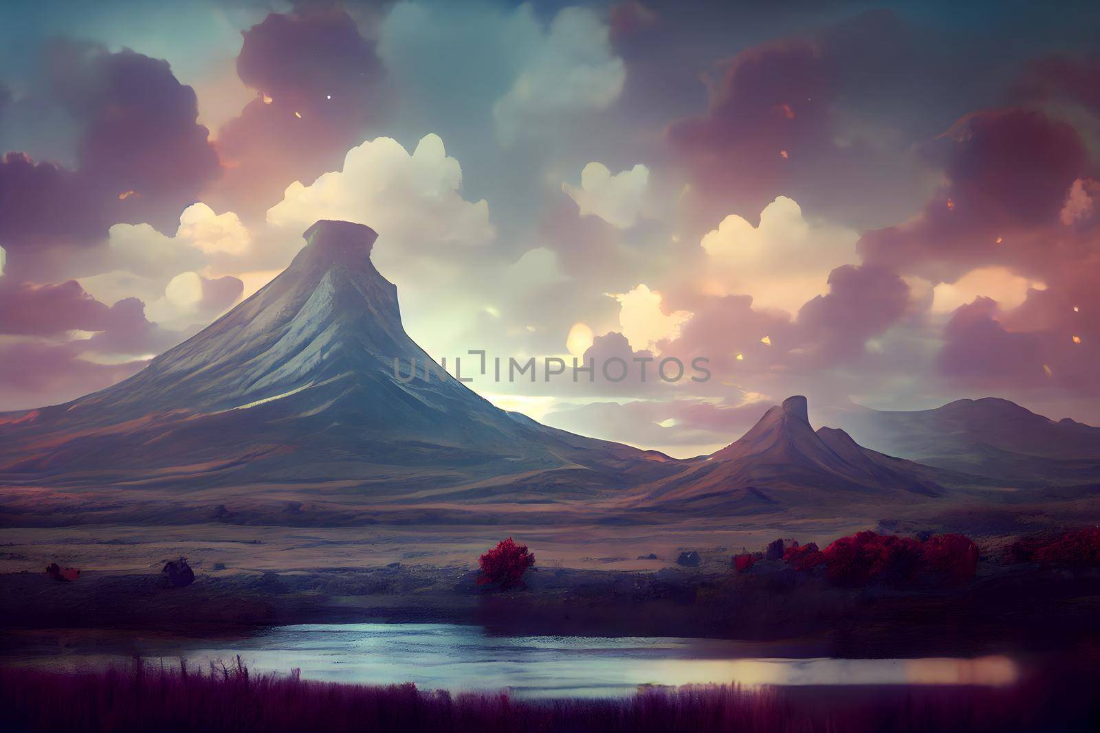 dreamy anime style summer wilderness landscape with mesa mountains, neural network generated art. Digitally generated image. Not based on any actual scene or pattern.
