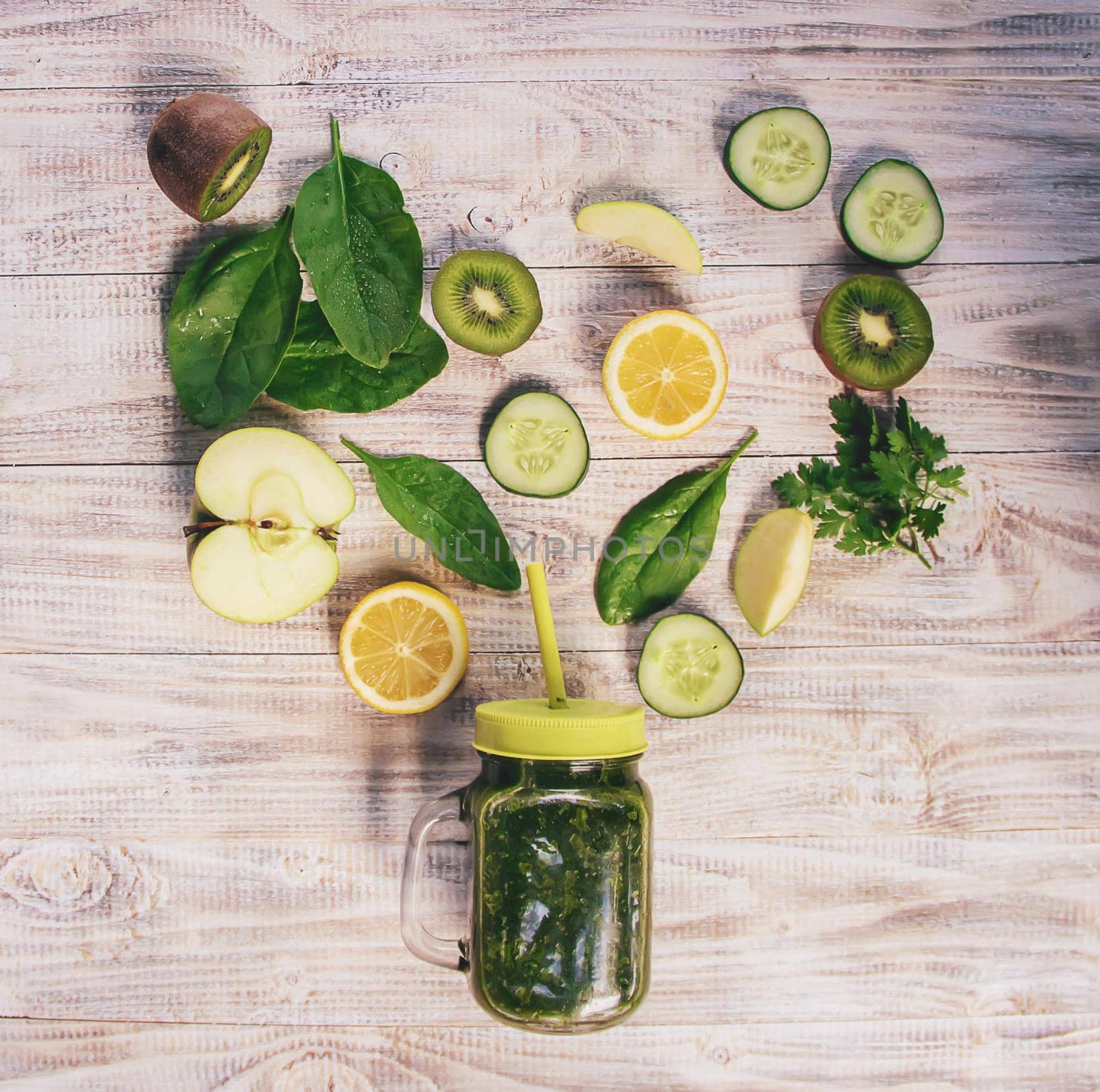 Green smoothies with vegetables and fruits. Detox Day.