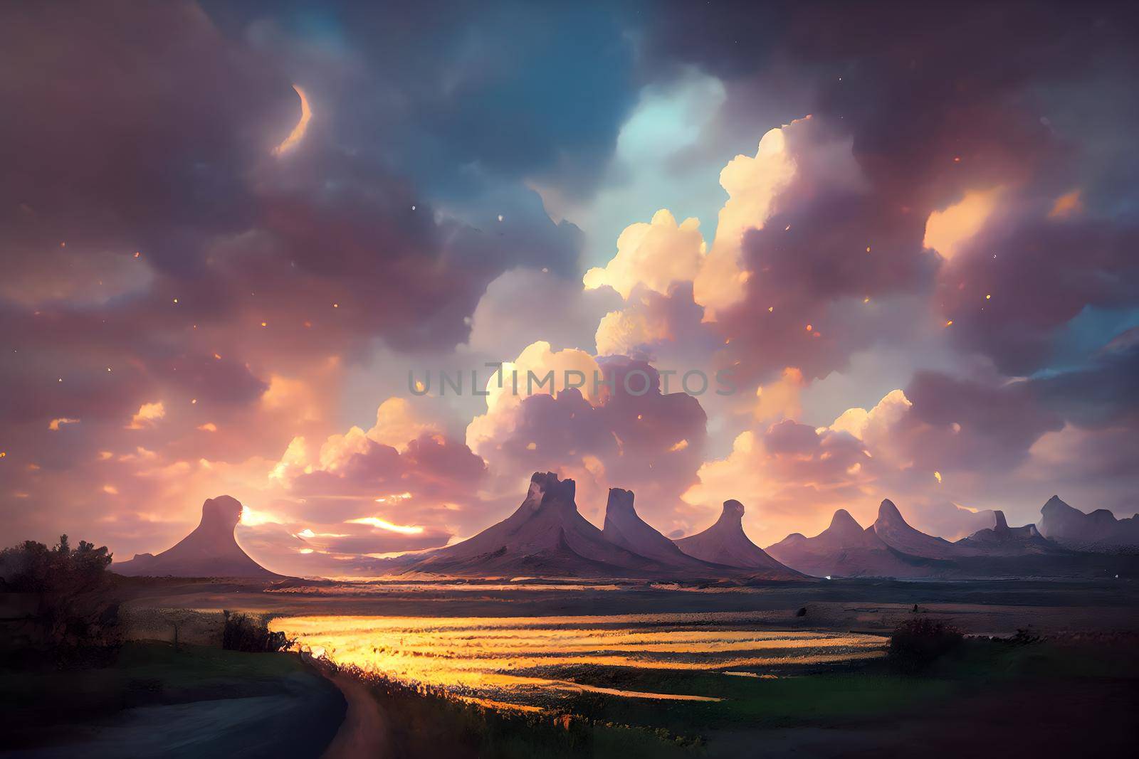 dreamy anime style summer wilderness landscape with mesa mountains , neural network generated art by z1b