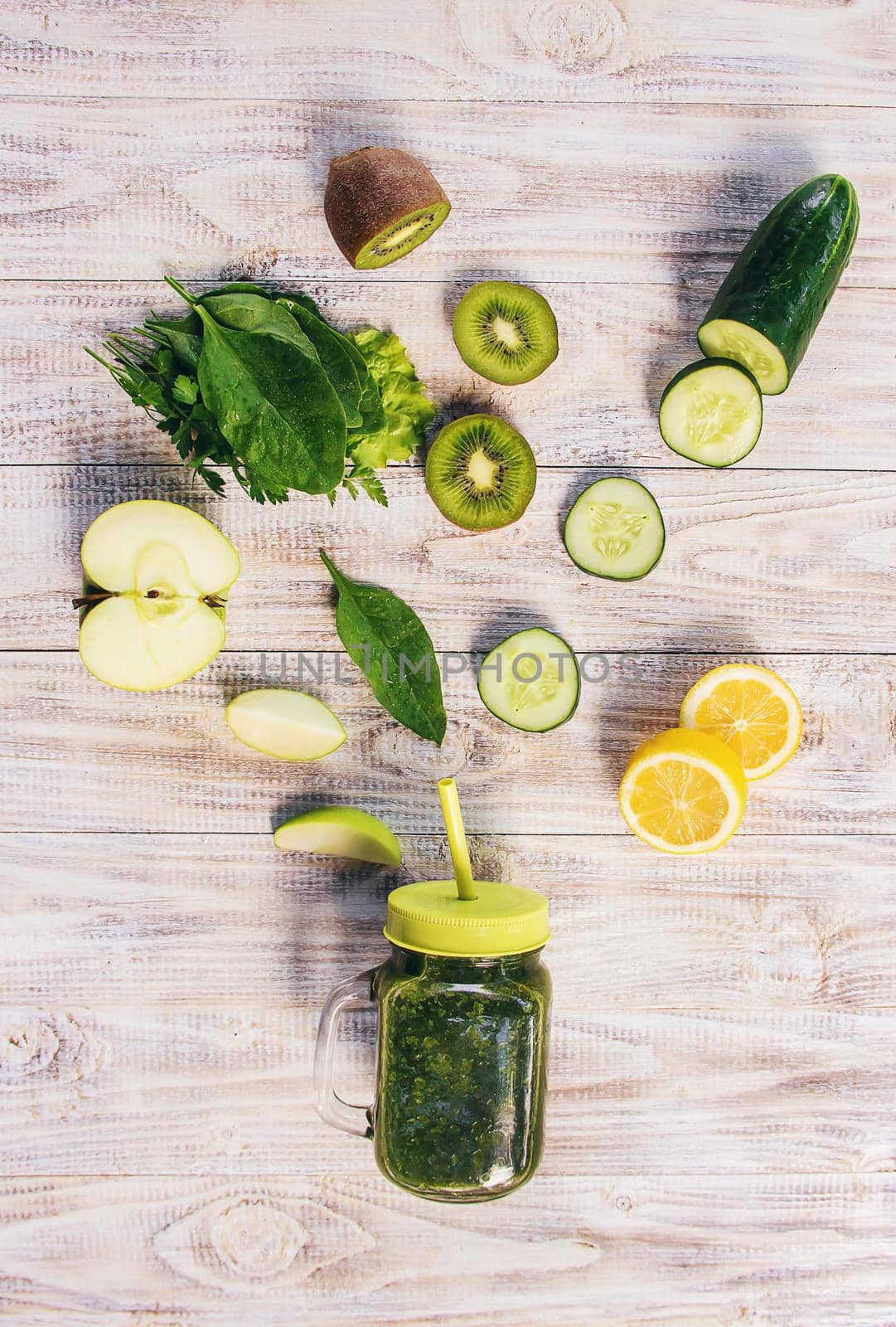 Green smoothies with vegetables and fruits. Detox Day.
