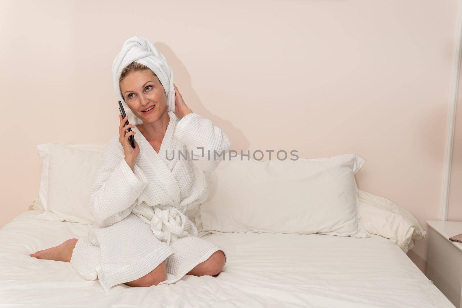 Cell bed copyspace beauty spa female bathrobe care bathroom untying, from preparing cropped for home from caucasian girl, gown dressing. Interior afro african,