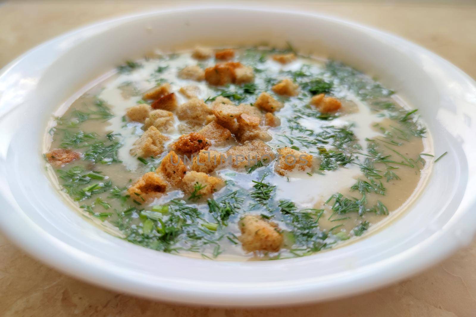 mushroom soup puree with croutons and dill in a white plate lose up