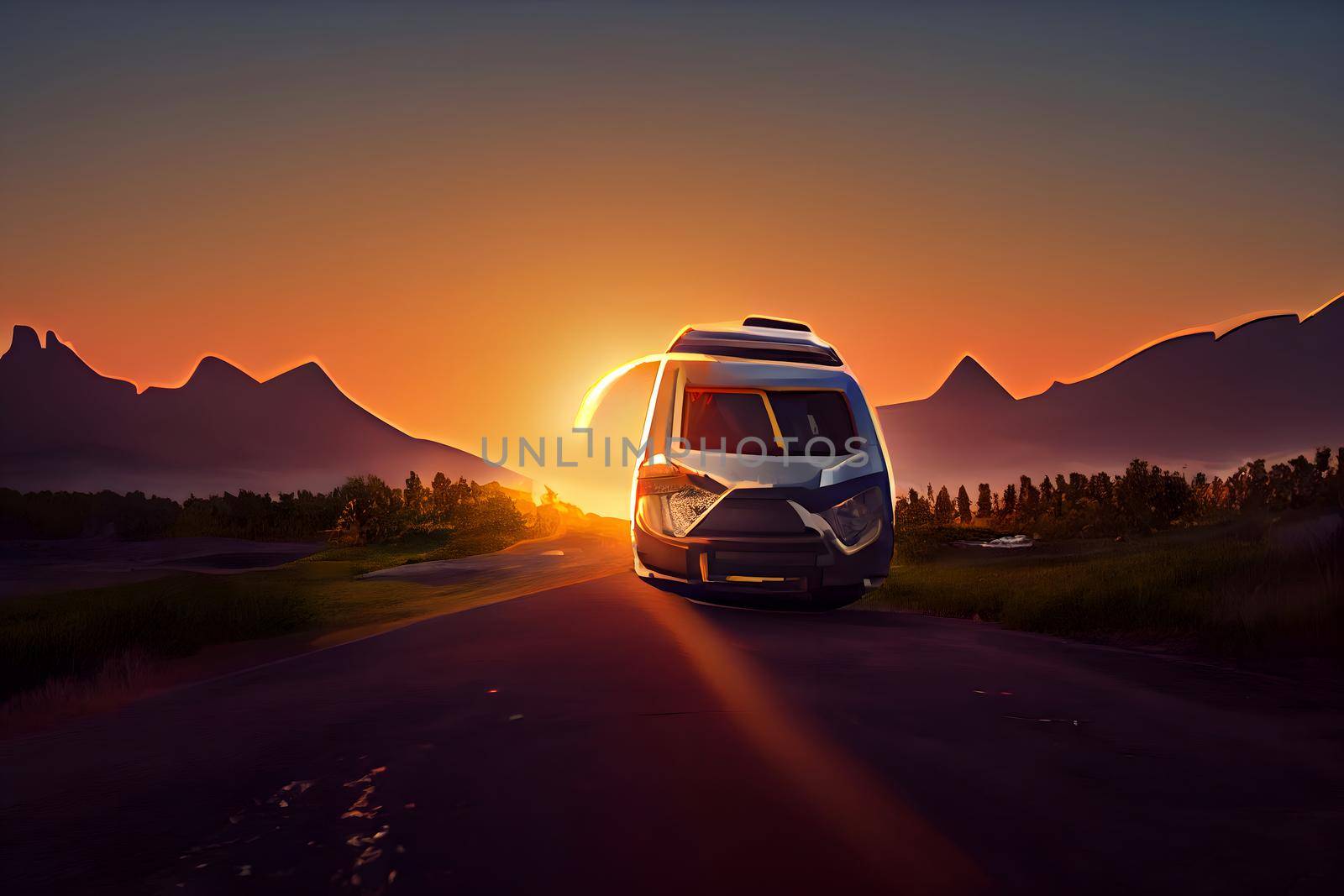 Travel van driving on sunset background. Camping car on the road. Cartoon style travel concept, neural network generated art by z1b