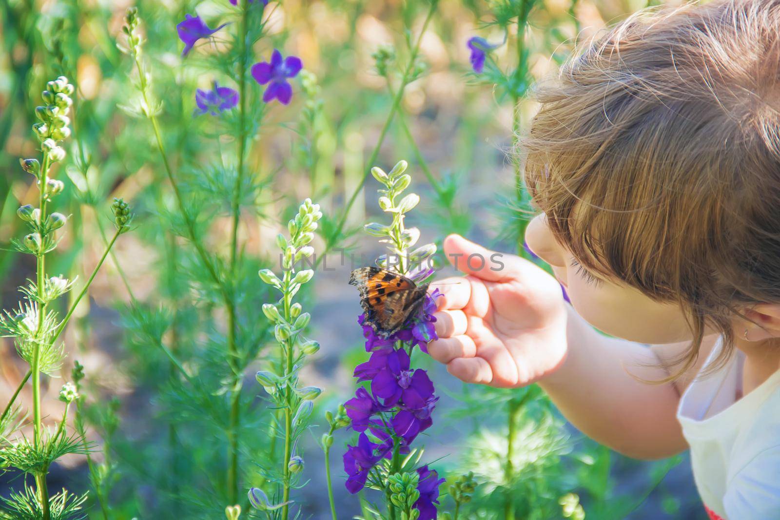 Child with a butterfly. Idea leuconoe. Selective focus. by yanadjana