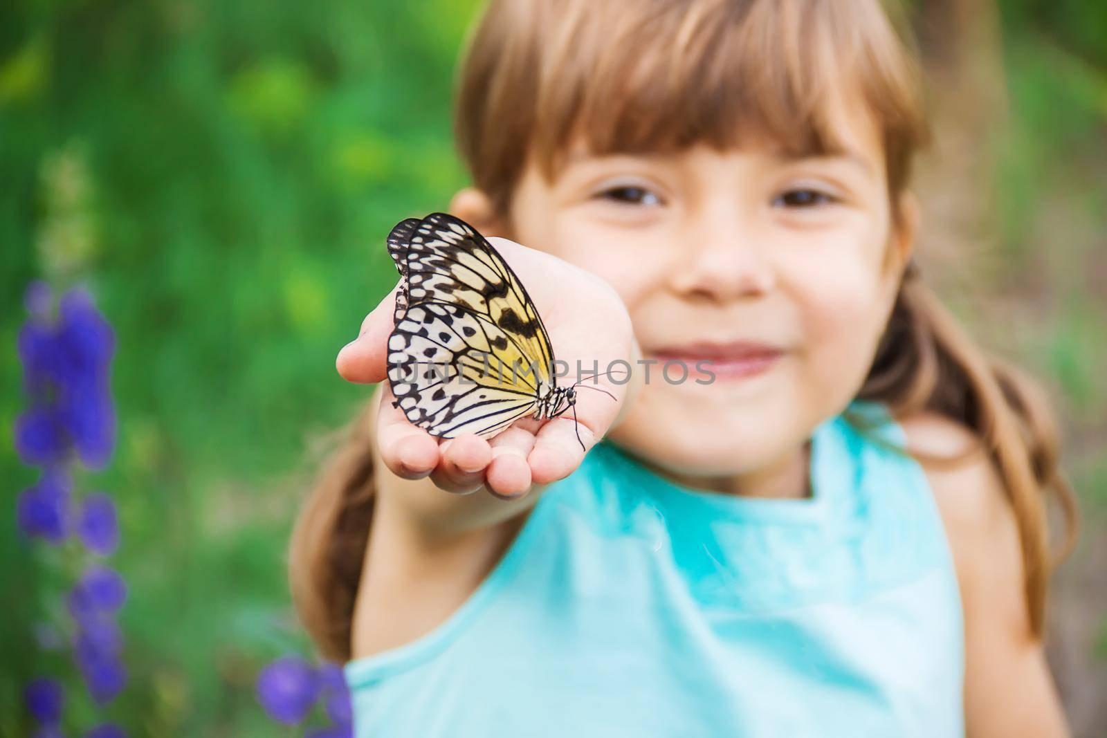 Child with a butterfly. Idea leuconoe. Selective focus.