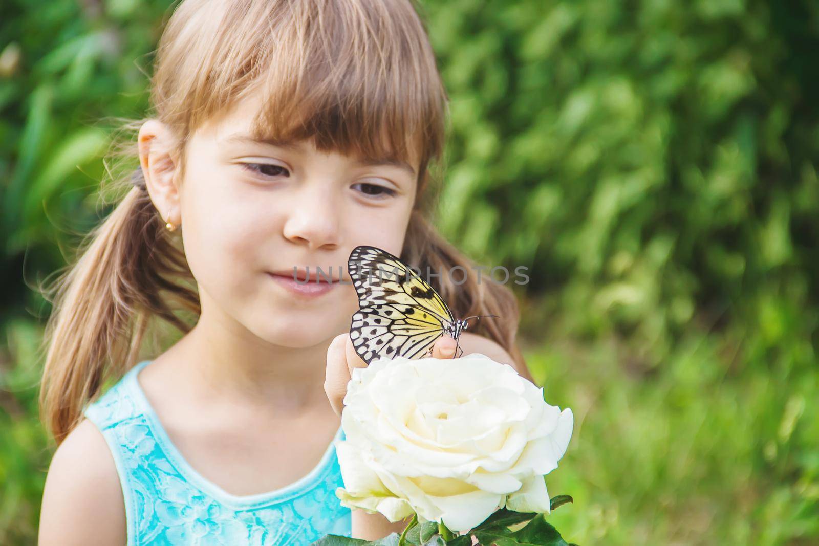 Child with a butterfly. Idea leuconoe. Selective focus.