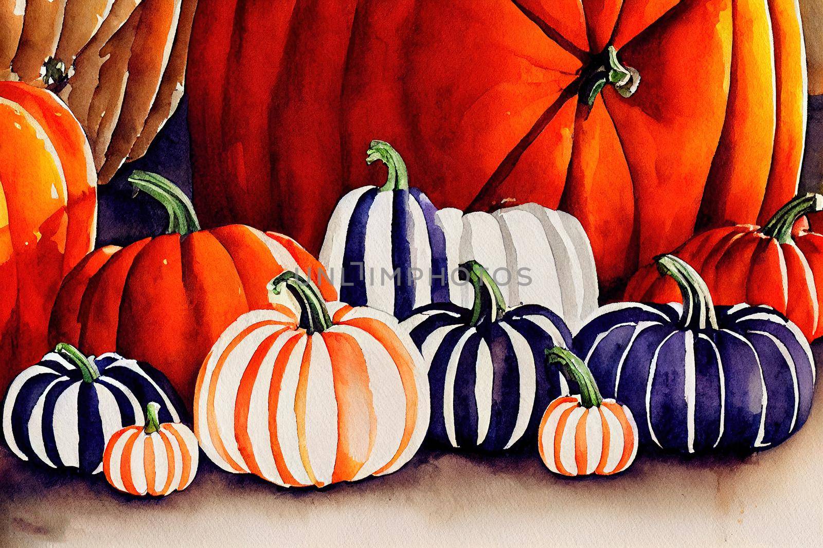 Watercolor halloween pumpkin composition.Autumn farmhouse decor.Thanksgiving decor,Colored checkered pumpkins ,striped,polka dots pumpkin,black and white pumpkin on stands