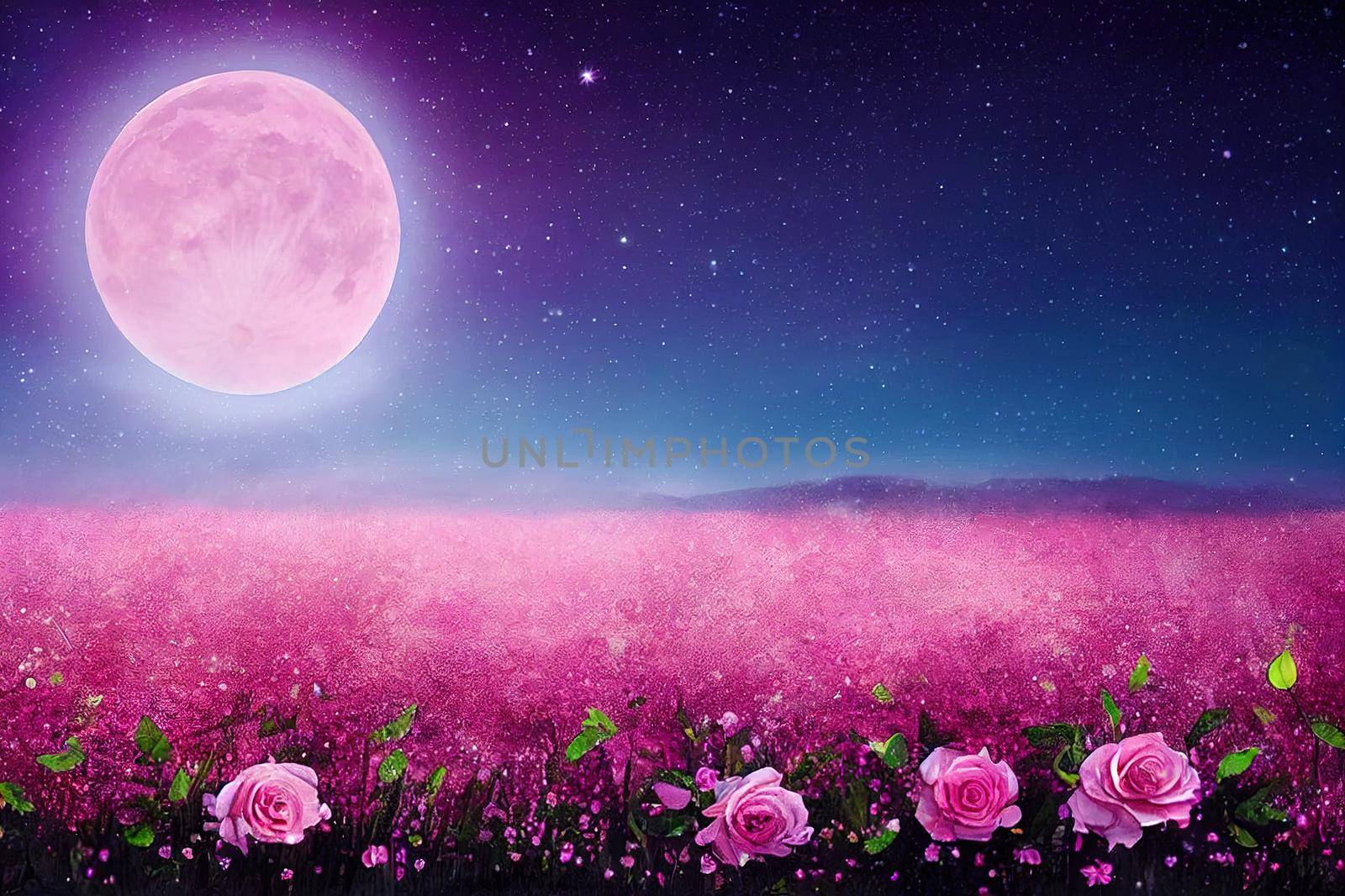 Magical fantasy enchanted fairy tale landscape with fabulous fairytale blooming pink rose flower garden and flying butterflies, on blurred mysterious blue background and shiny glowing moon ray in night.