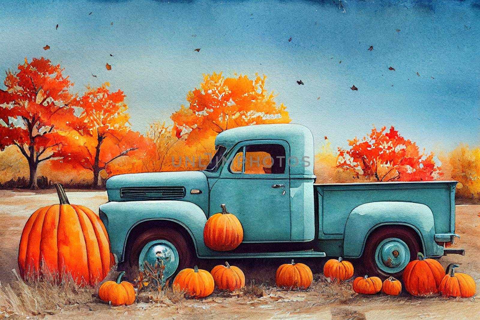 Vintage watercolor turquoise truck. Autumn farm illustration of old retro car with pumpkins by 2ragon