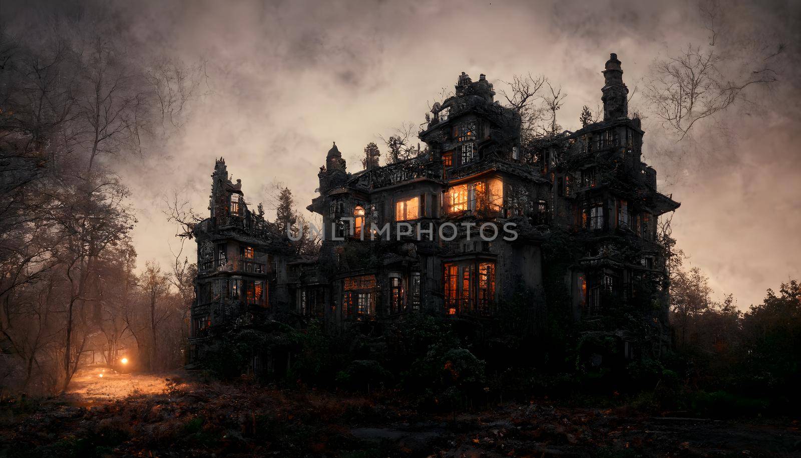 spooky haunted mansion in black leafless forest, neural network generated art. Digitally generated image. Not based on any actual scene or pattern.