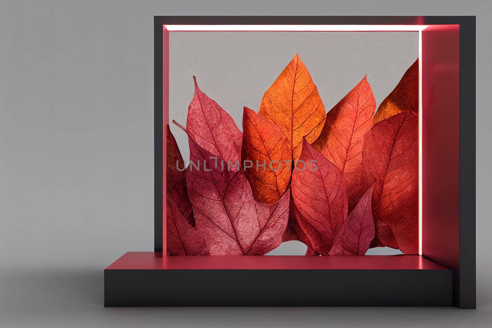 3D background, gray stone pedestal podium on natural shadow, leaf falling , burgundy red autumn backdrop. Product promotion Beauty cosmetics display. Studio Minimal concrete showcase stand 3D render