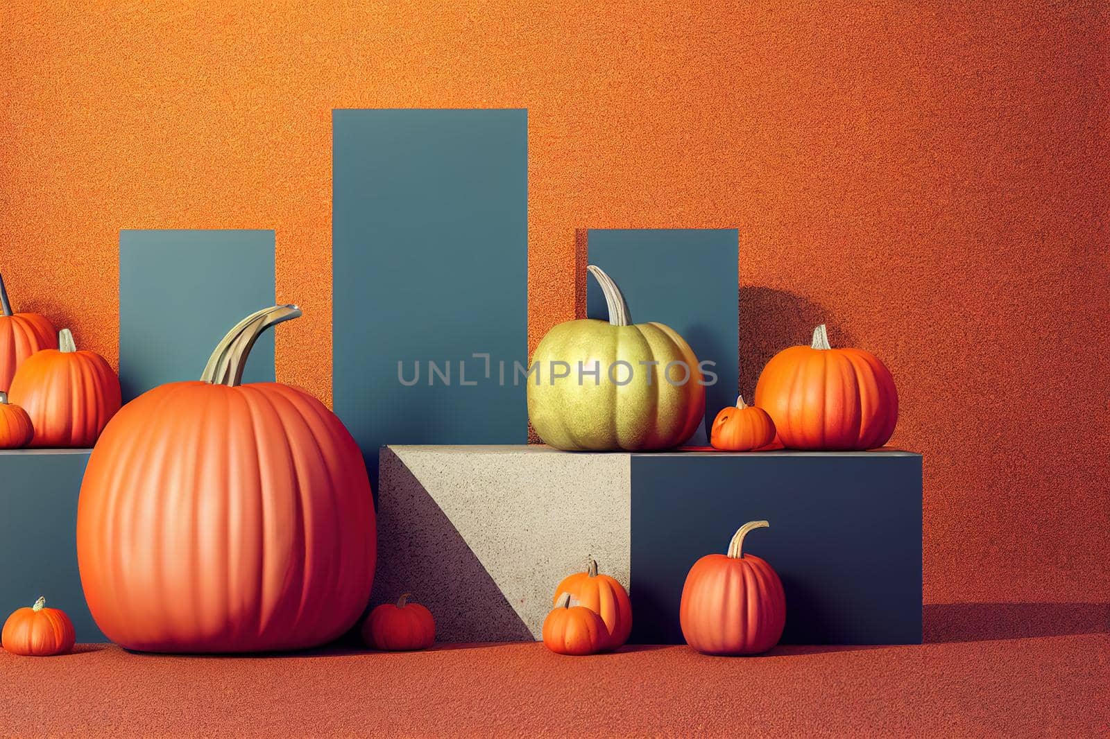 3D brown background. Podium display with orange pumpkin. Autumn heather nature composition. Cosmetic, beauty product pedestal. Fall, gold stand with shadow. Dark Halloween Abstract 3D render mockup