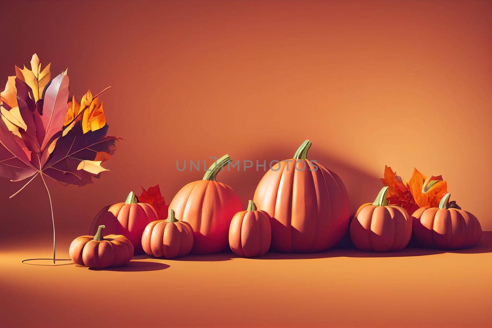 3D background. Orange Podium display with pumpkin and autumn leaf by 2ragon