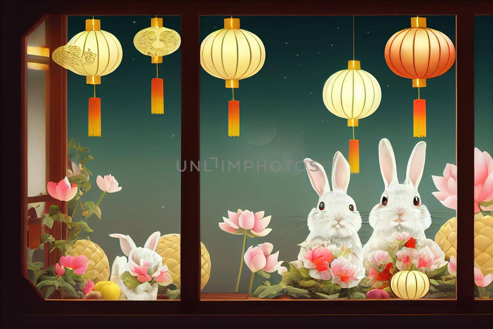 3D Illustration of cute rabbits on big mooncake stage watching full moon through Chinese window frame with pomelo, lotus and lanterns aside. Translation August fifteenth. Mid Autumn Festival
