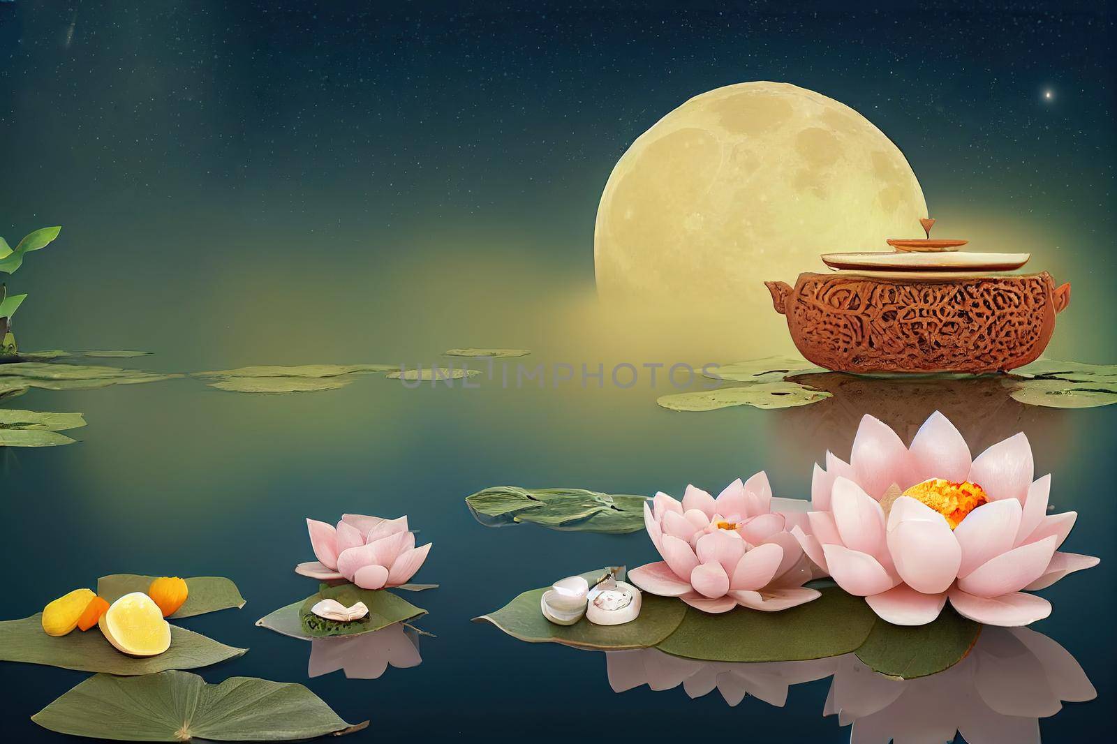 3D Illustration of jade rabbits eating mooncake and pomelo on big mooncake upon lotus leaf on lake with giant tea pot aside in front of full moon. Translation August fifteenth. Mid Autumn Festival