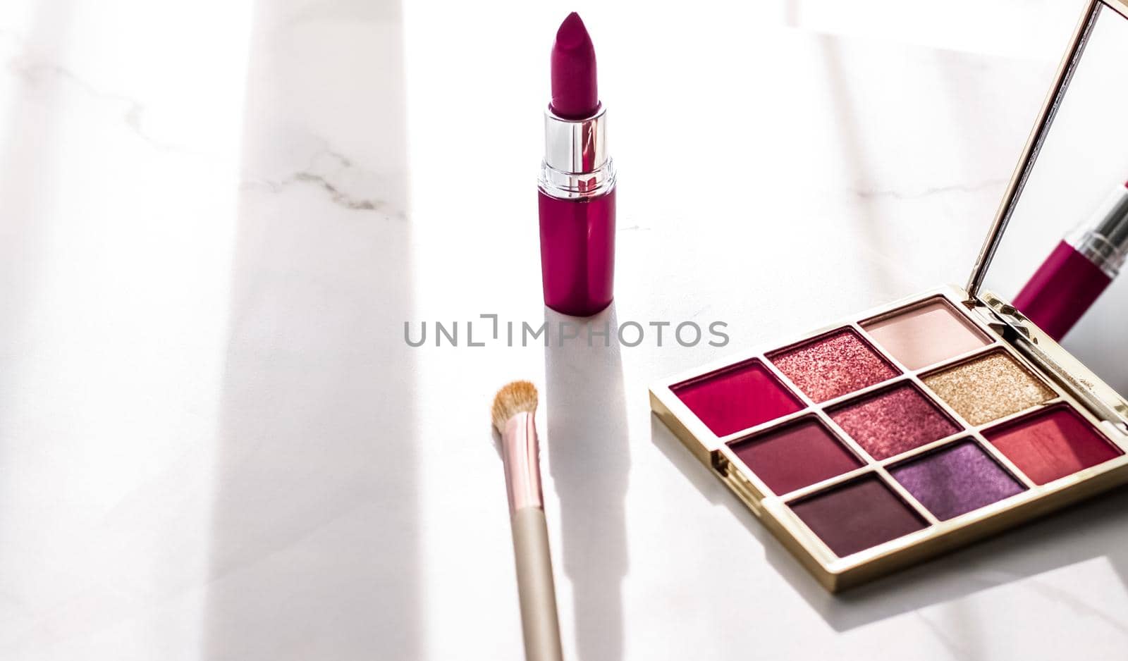 Cosmetic branding, girly and glamour concept - Cosmetics, makeup products set on marble vanity table, lipstick, eyeshadows and make-up brush for luxury beauty and fashion brand ads, holiday design